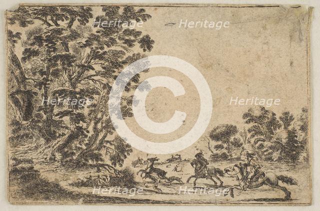 Plate 4: a deer hunt, two horsemen galloping towards the rightbehind three dogs and ..., after 1642. Creators: Stefano della Bella, Unknown.