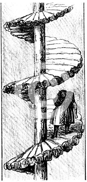 Woman carrying a load of coal up a 'turnpike' spiral stair, Scottish, 1848. Artist: Unknown