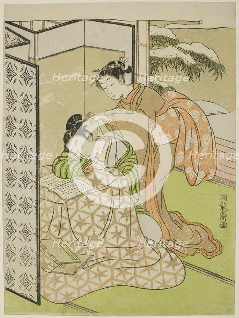 Girl Playing a Prank on a Young Man who is Napping, c. 1769. Creator: Isoda Koryusai.