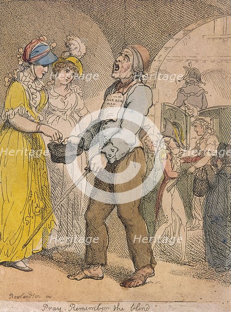 'Pray remember the blind'; scene under Covent Garden piazza, Cries of London, 1811. Artist: Anon