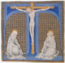 Manuscript Illumination with Crucifixion in an Initial T, from a Missal, French, ca. 1400. Creator: Unknown.