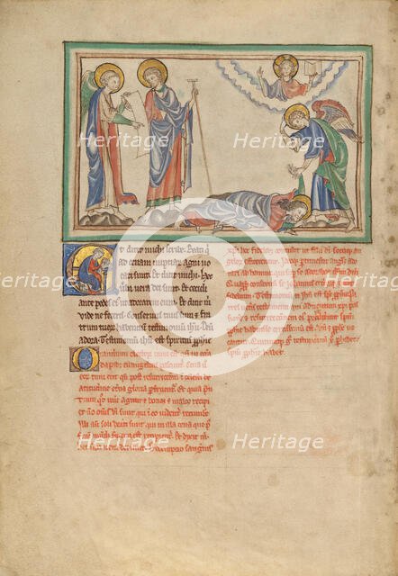 Saint John Praying to the Angel; Dyson Perrins Apocalypse, about 1255-1260. Creator: Unknown.