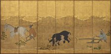 Two farmers ploughing and harrowing a rice field, Edo period, 1615-1868. Creator: Unknown.