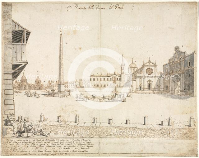 Eighteen Views of Rome: The Piazza del Popolo (recto)..., 1664. Creator: Lievin Cruyl (Flemish, c. 1640-c. 1720).