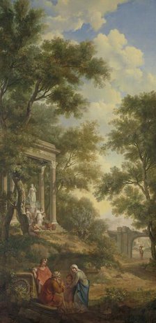 Arcadian landscape with a temple on the left and a seated old man in the foreground, 1771.  Creator: Juriaan Andriessen.