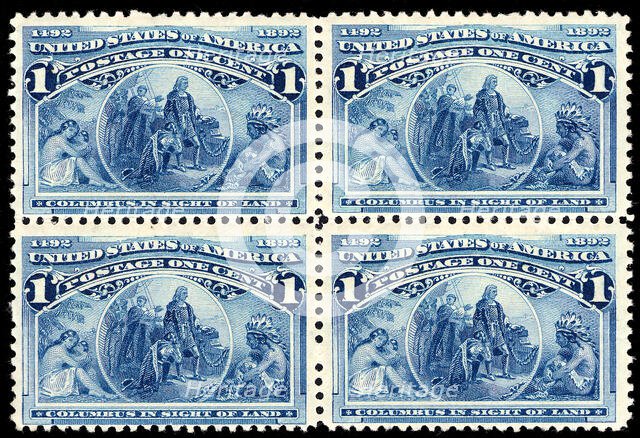 1c Columbus in Sight of Land block of four, 1893. Creator: Unknown.