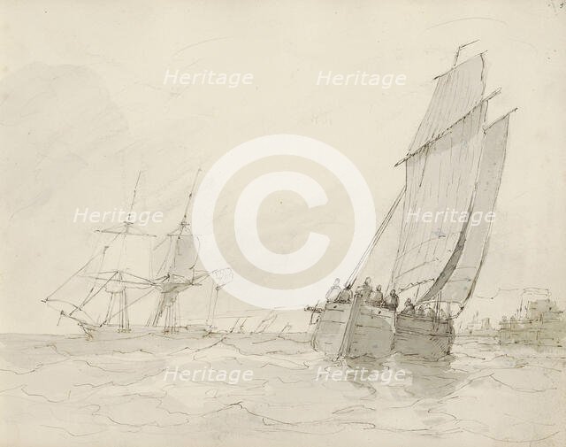 Sailing ships near a port, c.1825-c.1875.  Creator: Circle of Petrus Johannes Schotel.