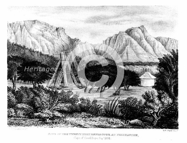 William Herschel's 20ft telescope erected at Feldhausen, Cape of Good Hope, 1834-1838 (1847).  Artist: G H Ford
