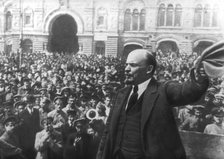 Lenin addressing a crowd in Red Square, Moscow, Russian Revolution, October 1917. Artist: Unknown