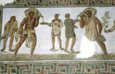 Roman floor mosaic, Servants bring wine to guests at a banquet, c3rd century.  Artist: Unknown.