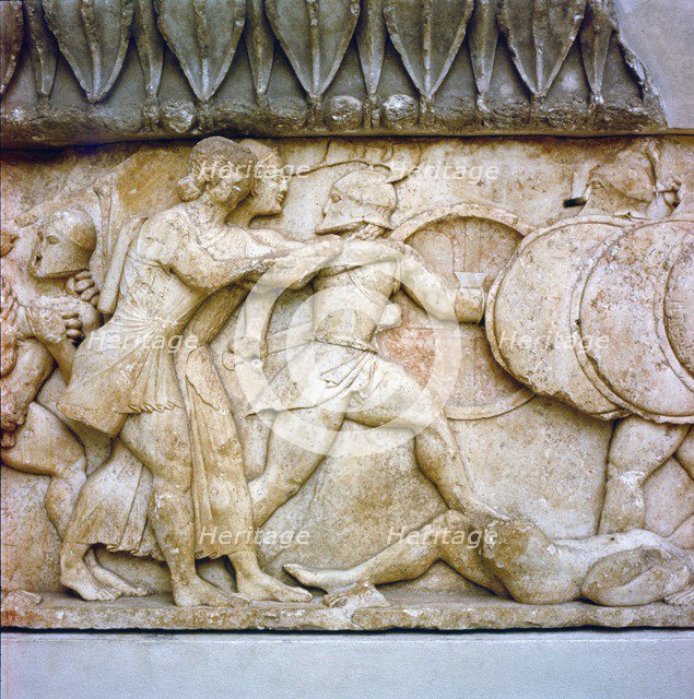 Greek relief detail, Battle of Gods and Giants, Apollo and Artemis fight, 525BC.  Artist: Unknown.