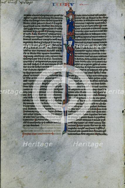 Initial I with Elimelech and Naomi: Leaf from a Latin Bible (1 of 2 Excised Leaves) , c. 1250. Creator: Johannes Grusch Atelier (French).