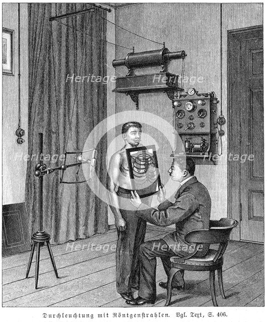Examining a patient's thorax using an X-ray tube and fluorescent screen, 1903. Artist: Unknown