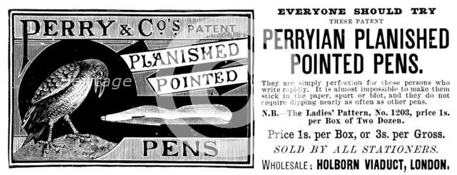 Advertisement for Perryian Planished Pointed Pens, 1890. Creator: Unknown.