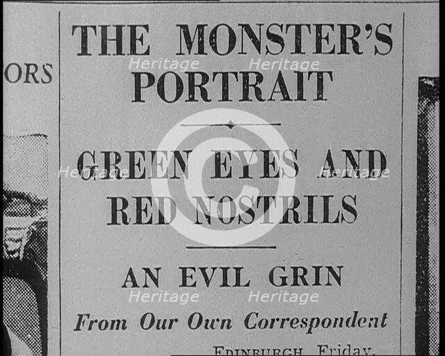Newspaper Headline Reading: 'The Monster's Portrait - Green Eyes and Red Nostrils..., 1933. Creator: British Pathe Ltd.