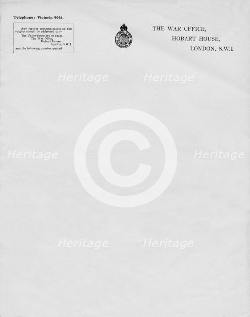 'Letterheaded paper from The War Office, Hobart House, London, S.W.1', 20th century. Artist: Unknown.