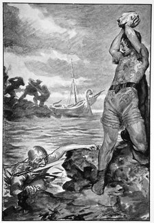 'Thorbion lifted the huge stone', 1910.  Artist: John Henry Frederick Bacon