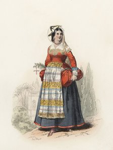 Woman from Villettri, near Rome, in the modern age, color engraving 1870.