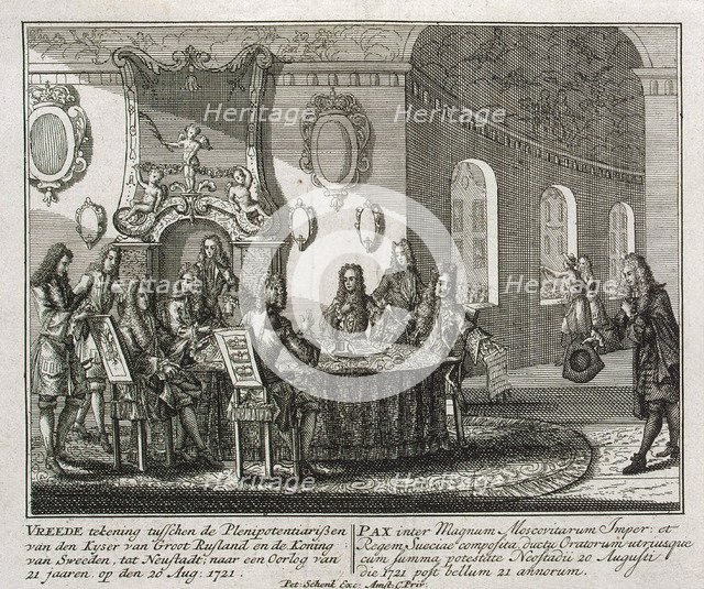 Conclusion of the Peace Treaty of Nystad on 20th August 1721.  Creator: Schenk, Peter, the Younger (1698-1775).