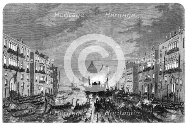 Procession of funeral gondolas with the body of Daniel Manin, on the Grand Canal, Venice, 1868. Creator: Unknown.