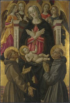 The Virgin and Child with Saints, Angels and a Donor (from Altarpiece: The Virgin and Child with Saints), ca 1475. Artist: Caporali, Bartolomeo (1420-1505)