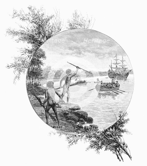 Natives opposing Captain Cook's landing, Australia, 1770 (1886).Artist: W Macleod