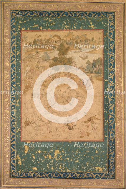 Akbar supervising the capture of wild elephants at Malwa in 1564, painting 90…, c. 1602-3. Creator: Farukh Chela (Indian), attributed to ; Govardhan (Indian, active c.1596-1645), or ; Dhanraj (Indian), or.