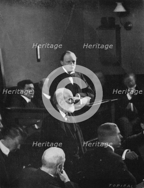 'Churchill giving evidence regarding the Sidney Street incident', 1911, (1945). Artist: Unknown.