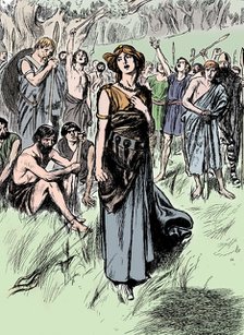 Boudicca (Boadicea) lst century British queen of the Iceni, rallying her troops, c1900. Artist: Unknown.