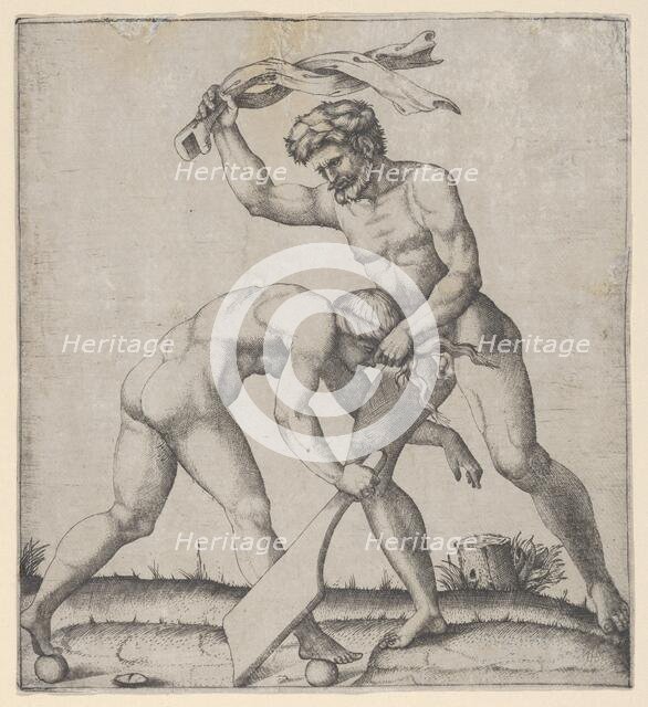 A naked man holding Fortune by the hair and whipping her, ca. 1510-27. Creator: Marcantonio Raimondi.