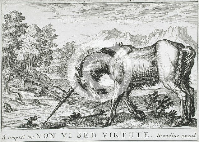 A Unicorn Chasing Lizards from a Pond, 1610. Creator: Hendrick Hondius I.
