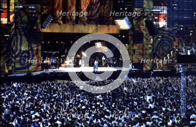 Overview of the audience and the stage during a concert of the Rolling Stones in Barcelona in 1990.