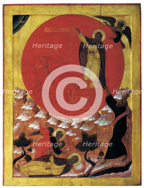 The Prophet Elijah and the Fiery Chariot, 1570s. Artist: Russian icon  