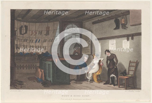 Boot & Shoe Shop, from "Poetical Sketches of Scarborough", 1813., 1813. Creators: Thomas Rowlandson, Joseph Constantine Stadler, J. Bluck.