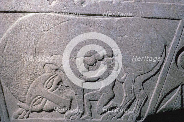 Etruscan grave-slab showing a man being suckled by a beast, 5th century. Artist: Unknown