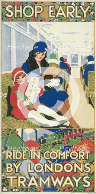 'Shop Early, Ride in Comfort by London's Tramways', London County Council Tramways poster, 1928. Artist: Rowles