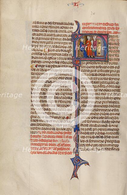 Initial N: Two Men Standing before a Judge Emptying a Money Purse; Vidal Mayor, about 1290-1310. Creator: Unknown.