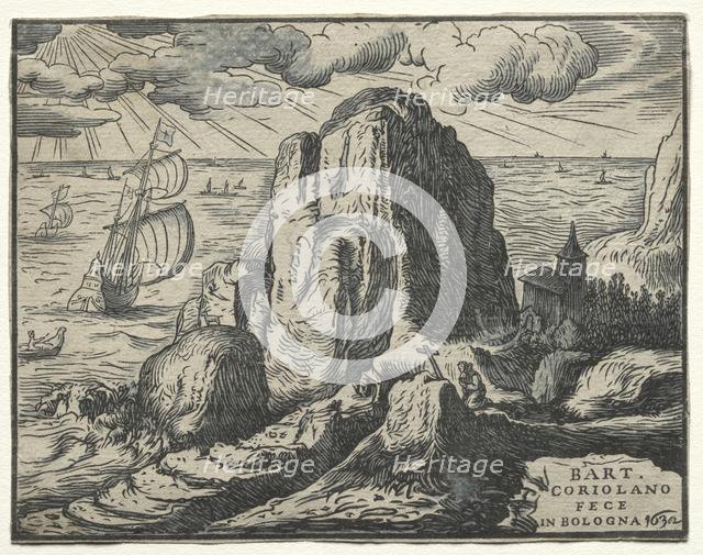 Set of 4 Landscapes: No. 4 - Cliff on the Seashore. Creator: Hendrick Goltzius (Dutch, 1558-1617).