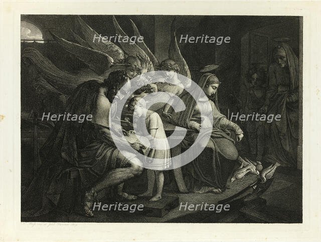 The Holy Family Busy at Home: Joseph Teaches the Boy Jesus to Read. Mary Feeds the Pigeons..., 1809. Creator: Carl Russ.