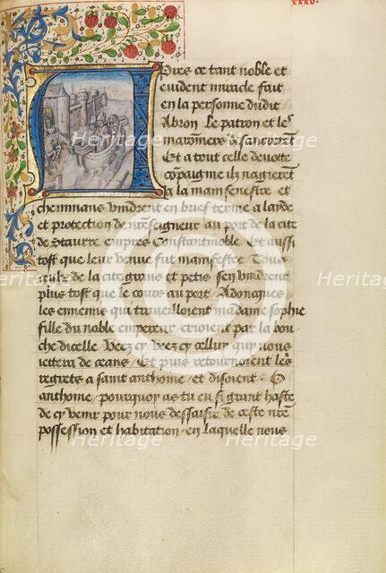 Initial A: Arrival of Ships in Constantinople, about 1465-1470. Creators: Master of the Brussels Romuléon, Workshop of the Master of the Brussels Romuléon.