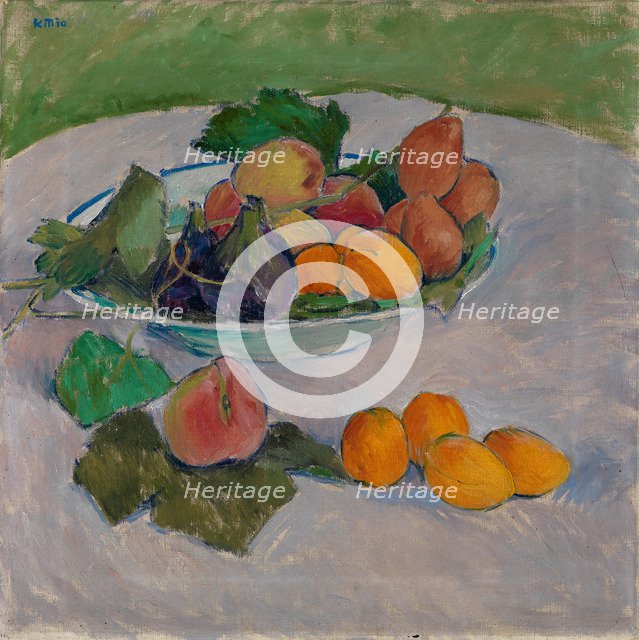 Still life with fruit and leaves.