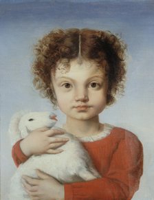 Portrait of Lina Calamatta as a child, with a lamb in her arms, 1848. Creator: Josephine Calamatta.