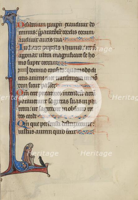 Initial I: A Man Looking at a Sparrow; Bute Psalter, text and illumination about 1285. Creator: Bute Master.
