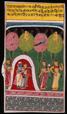 Radha and Krishna Embracing in a Bower, Folio from a Gita Govinda..., c1605 or later. Creator: Unknown.