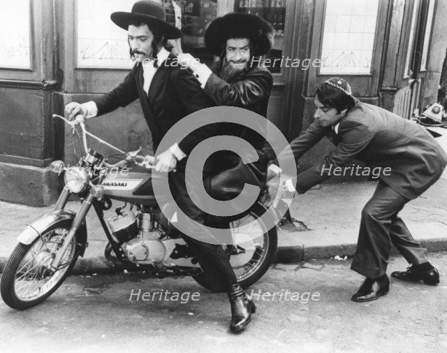 Motorbike chase scene from The Mad Adventures of Rabbi Jacob, 1973. Artist: Unknown