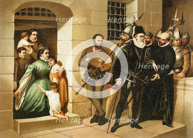 Philip II, King of Spain (1556-1598) visiting the prison of the family of Antonio Pérez..., 1890.  Creator: Unknown.