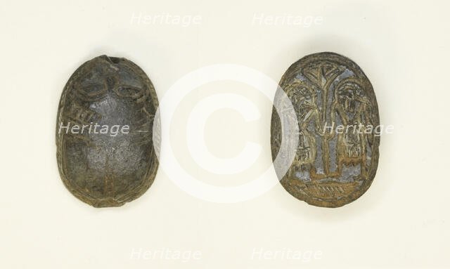 Scaraboid: Face Motif on Top; Two Figures Holding Flower on Base, Egypt, Second Intermediate... Creator: Unknown.