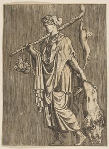 Woman returning from a hunt carrying a boar in her left hand and a stick on her r..., ca. 1515-1600. Creator: Unknown.