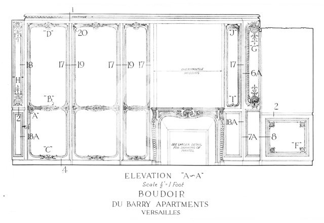 Elevation of the boudoir, Du Barry Apartments, Versailles, 1926. Artist: Unknown.