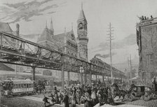 Inauguration of the elevated railway over streets and squares, New York, April 29, 1878.  Creator: Enrique Alba.